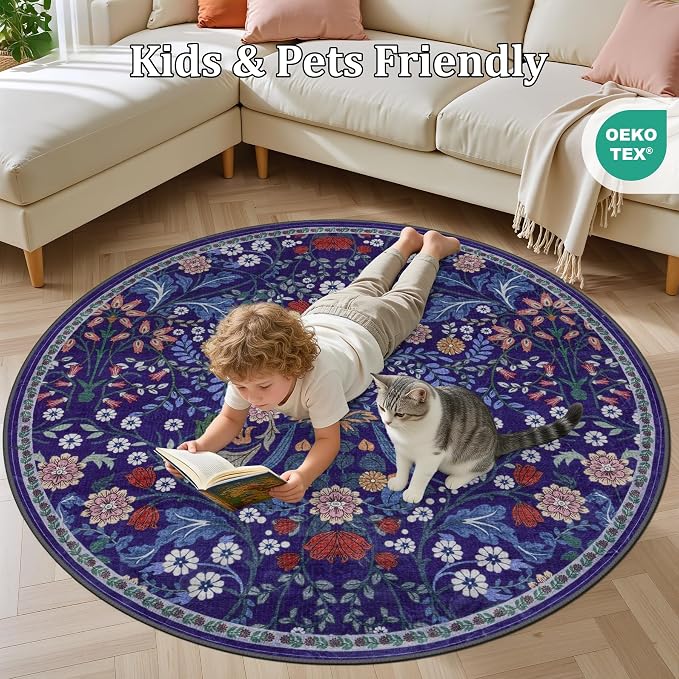 PLHXFR Round Area Rug Living Room: 4 ft Floral Washable Soft Carpet Blue | For Bedroom Dining Room Farmhouse Nursery Hallway,Vintage Floral,Machine washable,Non Slip,Stain Resistant,Large Indoor