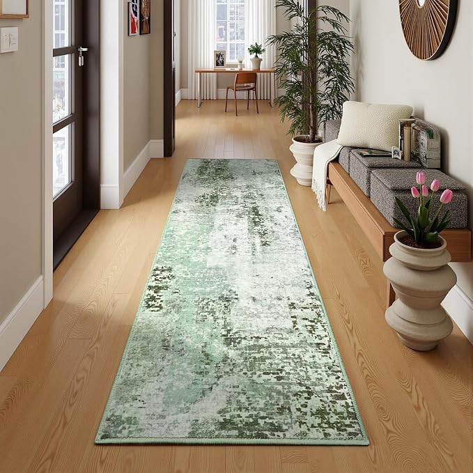 Green Washable Runner Rug for Bedroom, Abstract Non-Slip Soft Entryway Rugs, Modern Low Pile Stain Resistant 2x6 Carpet for Entryway, Kitchen, Hallway, Bedside