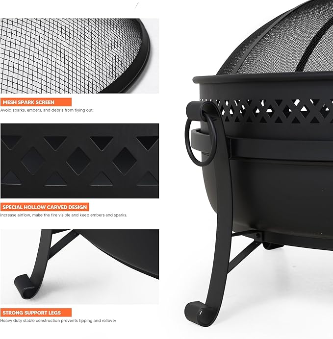 SUNCREAT Outdoor Patio Fire Pit with Mesh Spark Screen, 40" Portable Fire Pit for Camping, Outside, Black