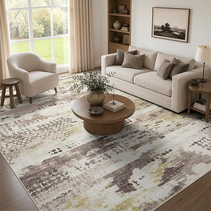 DCX Washable Abstract Area Rug 9x12, Non Slip Low Pile Rug, Brown | Easy to clean, non-shedding, soft, kid & pet friendly, with a non-slip rubber backing for living rooms, bedrooms, and offices