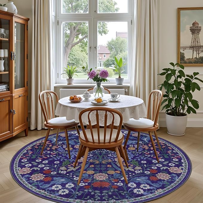 PLHXFR Round Area Rug Living Room: 4 ft Floral Washable Soft Carpet Blue | For Bedroom Dining Room Farmhouse Nursery Hallway,Vintage Floral,Machine washable,Non Slip,Stain Resistant,Large Indoor