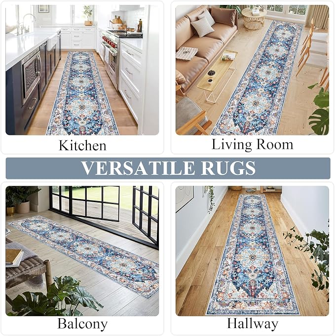 U'Artlines 2' x 10' Boho Hallway Runner Rug, Non Slip Washable Vintage Farmhouse Accent Area Rug Carpet for Kitchen Entryway Laundry and Living Room (Blue) | Vintage Farmhouse Kitchen Rug Accent Area Carpet for Entryway Laundry and Living Room