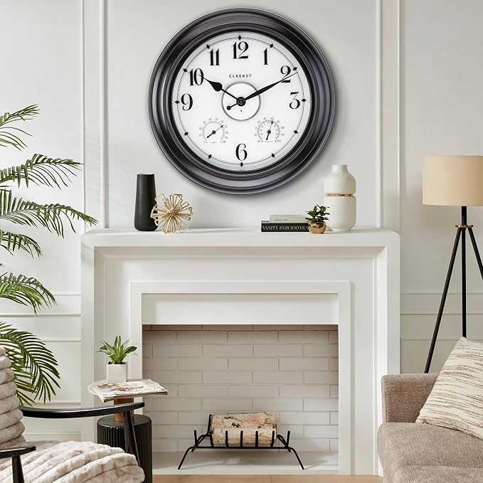 CLXEAST 24 Inch LED Self-Illuminated Outdoor Metal Clocks Waterproof, Large Lighted Outdoor Clock with Temperature and Humidity,Oil Rubbed Bronze Black,Spring Garden Decor