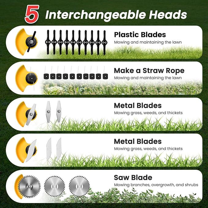 24V Cordless Weed Wacker with 2×2000mAh Batteries & Fast Charger, 3-in-1 Lightweight Brush Cutter/Lawn Edger/Grass Trimmer, 5 Types Blades & Wheels for Yard Garden Maintenance