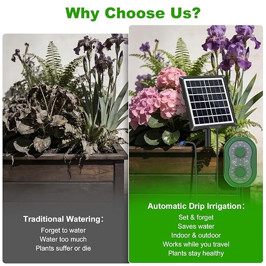50FT Automatic Solar Drip Irrigation System, Solar Automatic Plant Waterer Kit, Supported 15 Pots, Indoor/Outdoor Irrigation Kit for Garden, Balcony & Patio Vacation Free