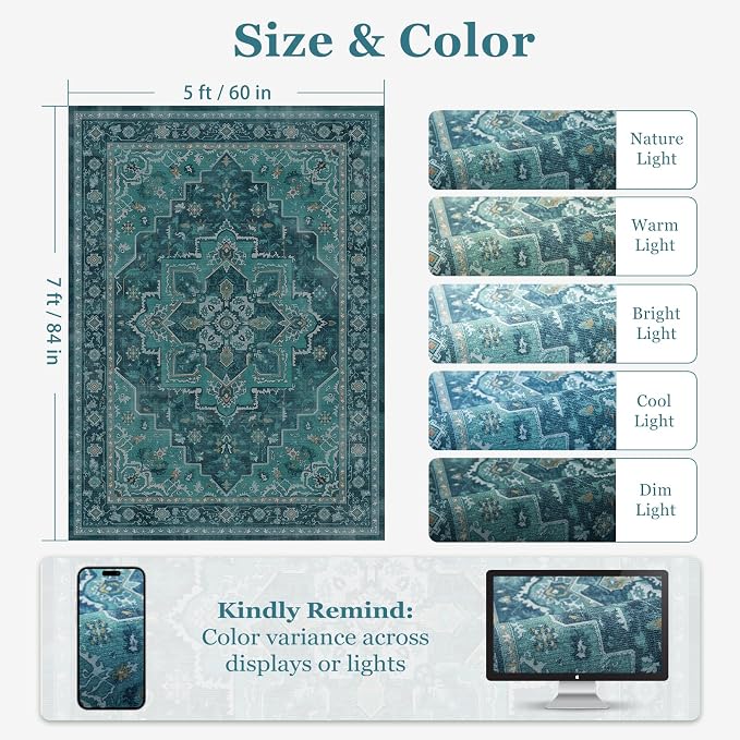 Teal 5x7 Area Rugs for Living Room, Vintage Medallion Classic Bedroom Rug Washable Non Slip, Boho Low Pile Thin Carpet Rugs for Dining Room/Kitchen/Home Office/Foyer