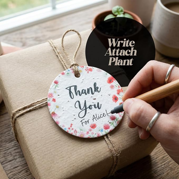 24Pcs Plantable Round Thank You Tags with Wildflower Seeds - 4 Floral Designs (6 Each) Writable Favor Tags for Birthdays, Weddings, Bridal Shower, Mom Gifts, Party Favors & Gift Wrapping