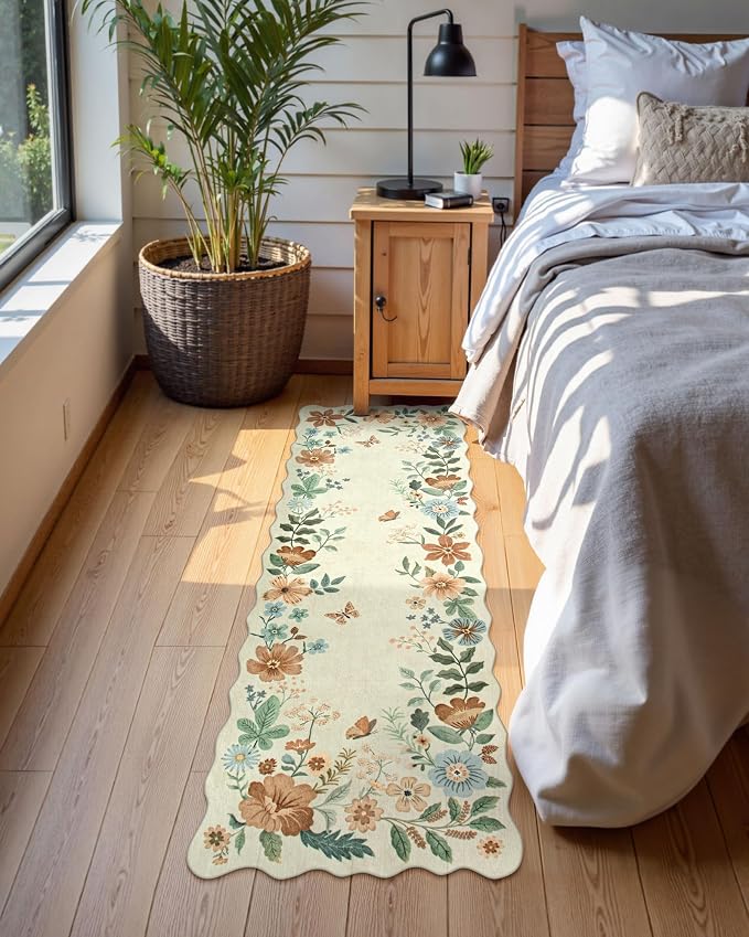 Lahome Floral Kitchen Runner Rug, 2X6 Rug Runners for Hallways Non Slip | Ultra-Thin Soft Non Slip Washable Runner Low-Pile Stain Resistant Boho Carpet for Bedroom Flore (2x6ft, Beige)