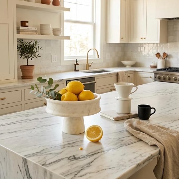 Marble Fruit Bowl for Kitchen Counter, 10" Handcrafted Natural Stone Decorative Bowl, Catch-All Key Dish, Dining Table Centerpiece, Pedestal Bowl, & Housewarming Gift (White Marble)