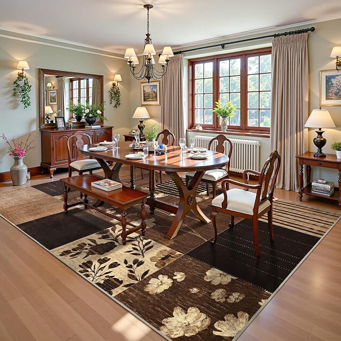 DweIke Floral Rugs for Living Room, 4x6 Washable Area Rug for Dining Room Farmhouse Office Bedroom Decor, Geometric Patchwork Stain Resistant Low Pile Indoor Floor Throw Rugs, Dark Brown