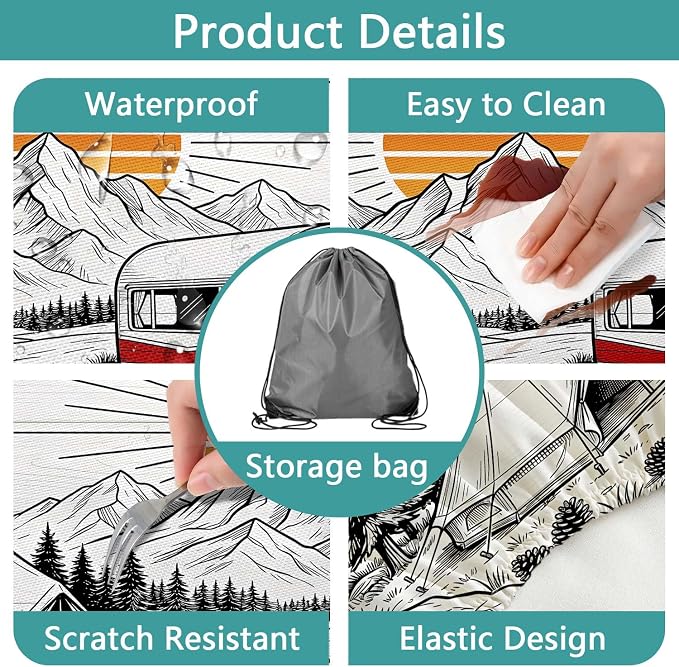 Picnic Table and Bench Covers Set Camping Essentials - Vintage Retro Mountain Camper Waterproof Windproof Tablecloth, Camping Accessories with Drawstring Bag Fits for Camping Picnic, 30X96 inch