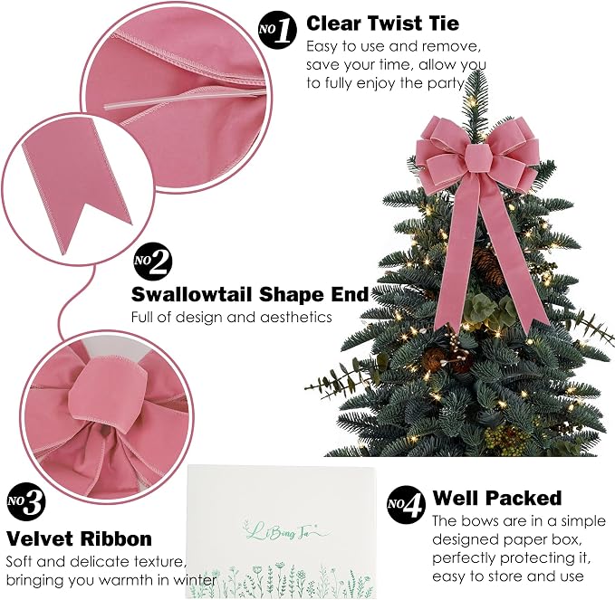 13" Dusty Rose Pre-Tied Velvet Bow For Christmas Tree, Pink Bow For Wreaths, Wedding, Premade Bows with Twist Tie, Tree Toppers Bows for Party Favor, Christmas Home Indoor Outdoor Decor-1 PCs