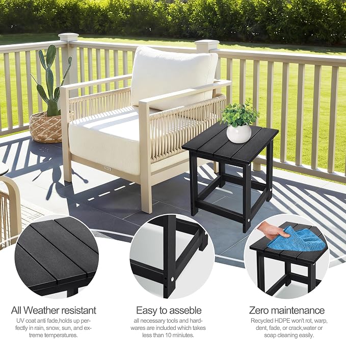 LZRS Patio Side Table, Heavy Duty HDPE Outdoor End Table with Wood Texture, Weatherproof Composite Table for Adirondack Chairs, Deck, Pool, Indoor/Outdoor, No Peeling or Cracking(Black)