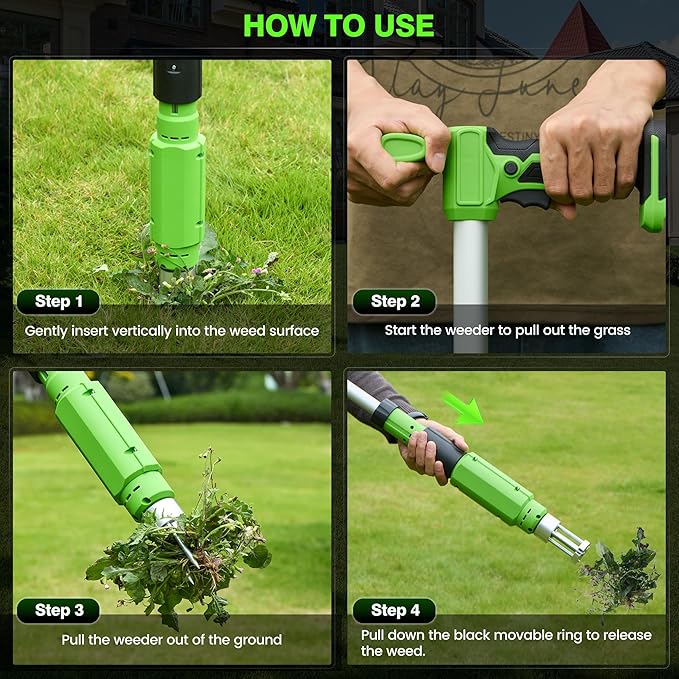 Electric Stand Up Weed Puller Tool with 3.0Ah Battery, Deep Root Removal Adjustable Handle Weeding Tool, Garden Electric Weed Puller with 3-Claw Steel Head for Dandelion, Lawn, Garden,Yard and Farm