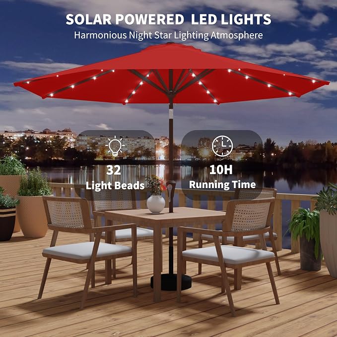 Kingdura 9FT Outdoor Patio Umbrella with Solar Lights, Market Table Umbrella with Push Button Tilt & Crank, 8 Sturdy Ribs, 32 LED Lights, UV Protection for Garden Lawn Deck Backyard Pool (Red)