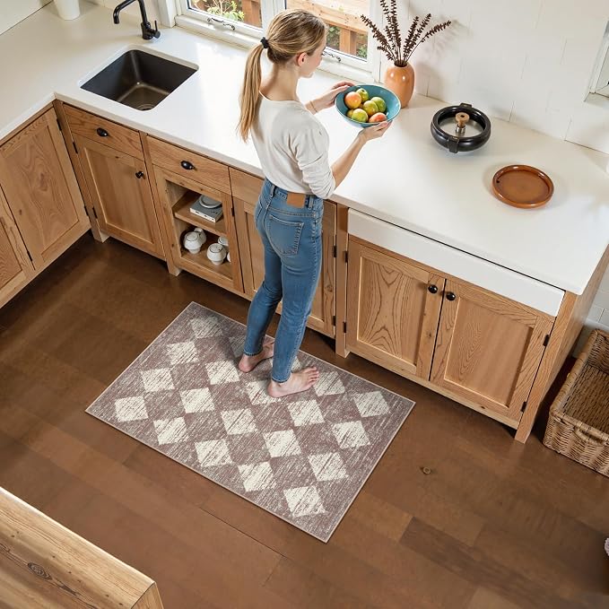 Lahome Checkered Bathroom Rug 2x3 Beige, Non Slip Washable Door Kitchen Mat