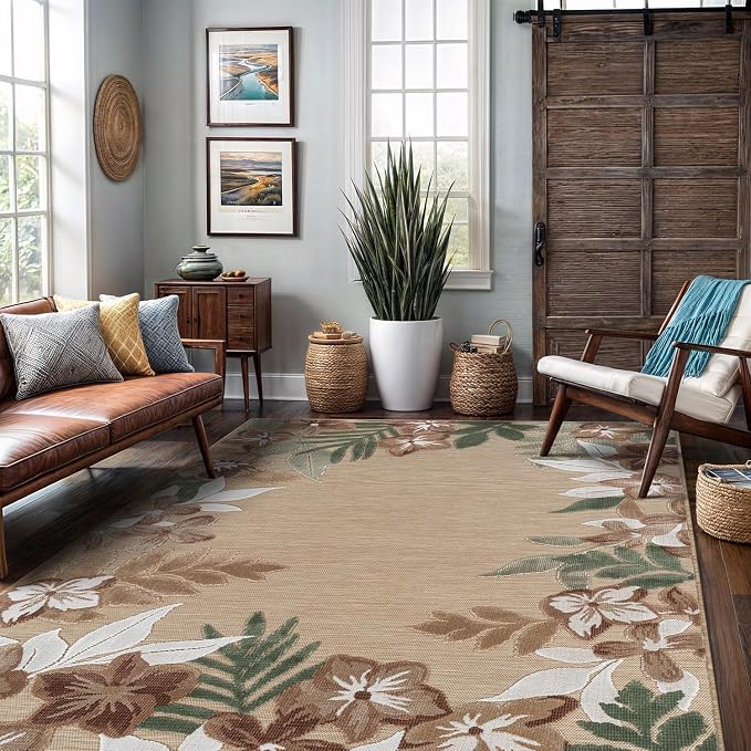 Outdoor Rug 10x14 Washable Area Rugs Indoor Outdoor Carpets Beige Border Floral Non Shedding Waterproof Easy Clean Patio Deck Porch Living Room Bedroom Garden RV (10 X 14 Beige)