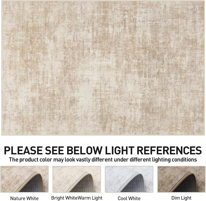 8x10 Area Rugs for Living Room: Washable Abstract Beige Badroom Carpet | Non-slip TPE backing makes this washable soft low-pile rug safe & durable, Pet-friendly decor for dining room,nursery,office