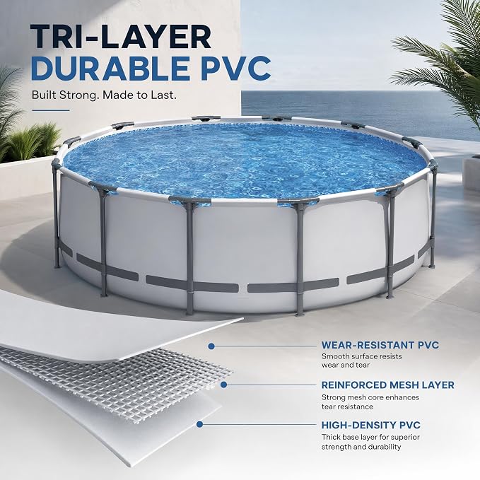 Above Ground Pool 15ft x 42in Steel Frame w/Pump Ladder Cover | 15x48ft, steel frame rust-proof, tool-free setup, 1000gal timer pump, ladder, cover, spare filter. 3-layer PVC liner.