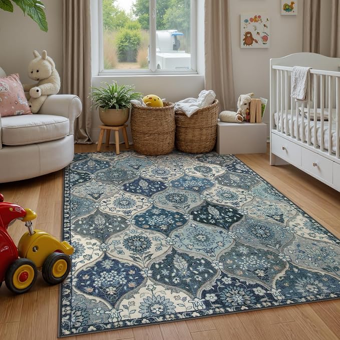 Lahome Moroccan Washable Area Rug 6x9, Large Soft Living Room Bedroom Rugs | Ultra-Thin Oriental Trellis Distressed Non Shedding Throw Carpet for Dining Room Office Elise, Blue
