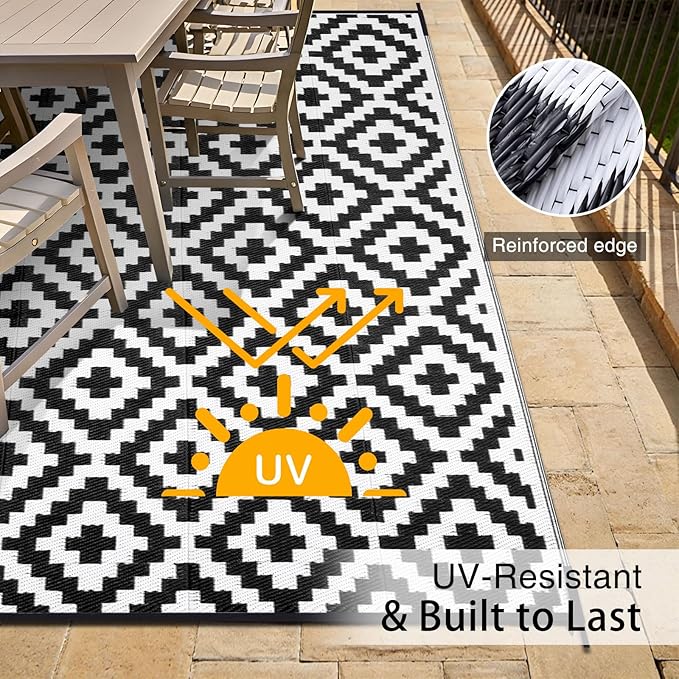 OLANLY Waterproof Outdoor Rug 6x9 ft, Outdoor Plastic Straw Rug for Camping, RV Mat Outside, Indoor Outdoor Carpet for Porch, Deck, Backyard, Balcony, Picnic, Black & White