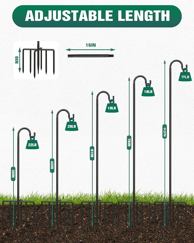 Breeze Touch 2Pack 62 Inch Adjustable Shepherd Hooks for Outdoor Outside, Heavy Duty with 7 Prongs Base, for Hanging Lantern, Hummingbird Feeder, Lightweight Plant, Wind Chime, Bird Feeder Hanger