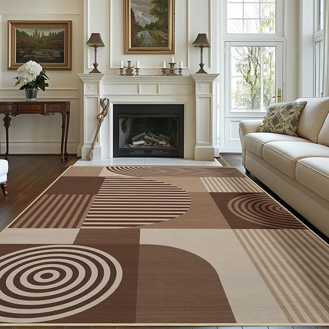 Area Rug 5x7 Brown Geometric Rug for Living Room Machine Washable Minimalist Mid Century Modern Rugs Non Slip Low Pile Large Dining Room Indoor Floor Carpet for Bedroom Kitchen Office,Brown