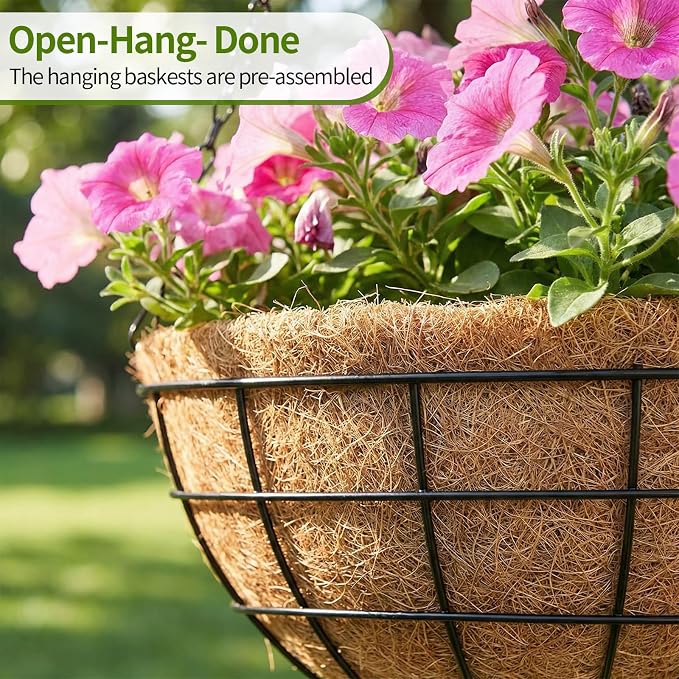18 Inch Hanging Baskets for Plants Outdoor, 4 Pack Large Hanging Planters for Outdoor Plants, Round Wire Hanging Flower Pots with Coconut Coir Liners for Garden, Deck, Porch, Balcony