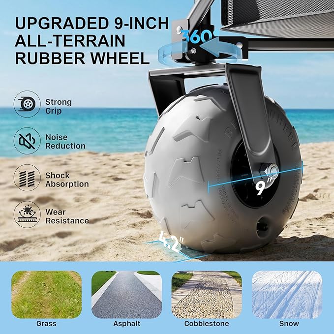 Beach Wagon with Big Wheels for Sand, 450LBS Heavy Duty Foldable Wagon Cart | 9" All-Terrain Inflatable Tires, Adjustable 200L–380L Capacity, Ideal for Groceries, Camping & Sports