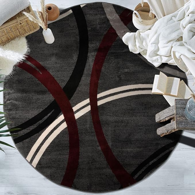 Rugshop Wavy Circles Modern Non-Shedding Living Room Round Rug Red 6'6" | Round, Size 6'6", Bedroom, Dining Room, Home Office, Kitchen, Entryway, Hallway, Nursery, Kids Room, Guest Room