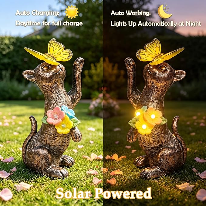 Solar Cat Garden Statues Outdoor - Waterproof Resin Cat Figurine with Butterfly Light -Outside Sculptures Decor for Yard Lawn Patio, Birthday Gifts for Women Mom