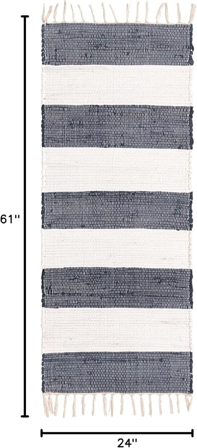 Unique Loom Chindi Rag Collection Area Rug - Striped (2' x 5' 1" Runner, Navy Blue/ Ivory)