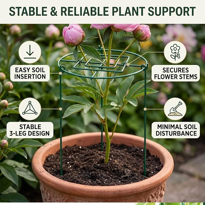 4 Pack Peony Cages and Supports, 14" D x 16" H Large Plant Supports for Outdoor Plants, Heavy Duty Flower Support Rings for Peonies, Roses, Hydrangeas, Tomatoes & More