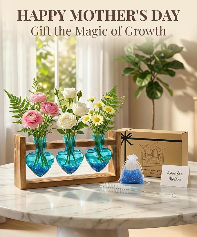 Nacome Plant Terrarium Propagation Stations: Mothers Day Gifts for Mom Plant Lovers Women Wife Daughter - 3 Bulb Glass Vases with Wooden Stand Tabletop for Hydroponics Home Garden Decor