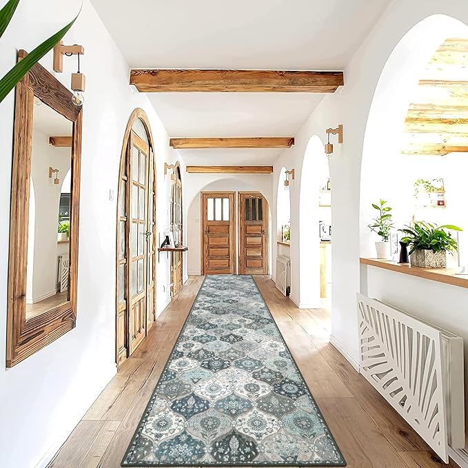 Lahome Moroccan Hallway Runner Rug Non Slip, 2x10 Washable Kitchen Runner | 2x10 Vintage Ultra-Thin Throw Long Carpet for Kitchen Entryway Bedroom Hallways Laundry Room Elise, Blue