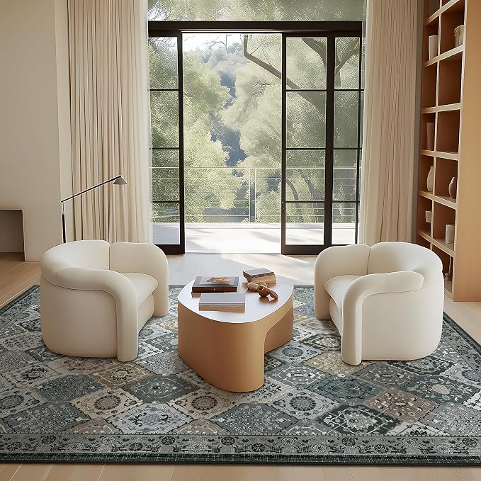 Phantoscope Washable Area Rug 5'x7' Non-Slip, Vintage Boho Rugs for Living Room, Bedroom, Dining Room, Distressed Moroccan Mosaic Diamond Pattern, Low-Pile Foldable Floor Carpet, Grey Charcoal