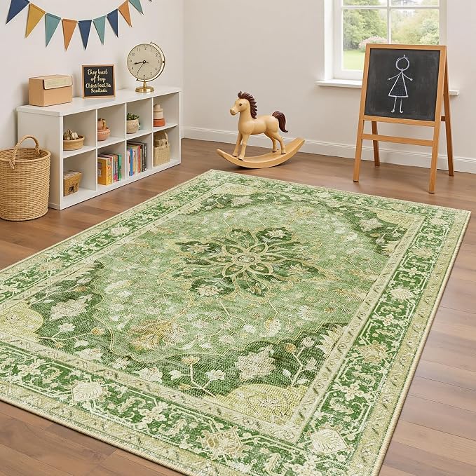 RELEANY Washable Area Rug, 4'x6', Green/Yellow | Non-Slip, Water Repellent, Pet Friendly, Easy to Clean, Vintage Floral Boho Decor for Living Room Bedroom Kitchen Office