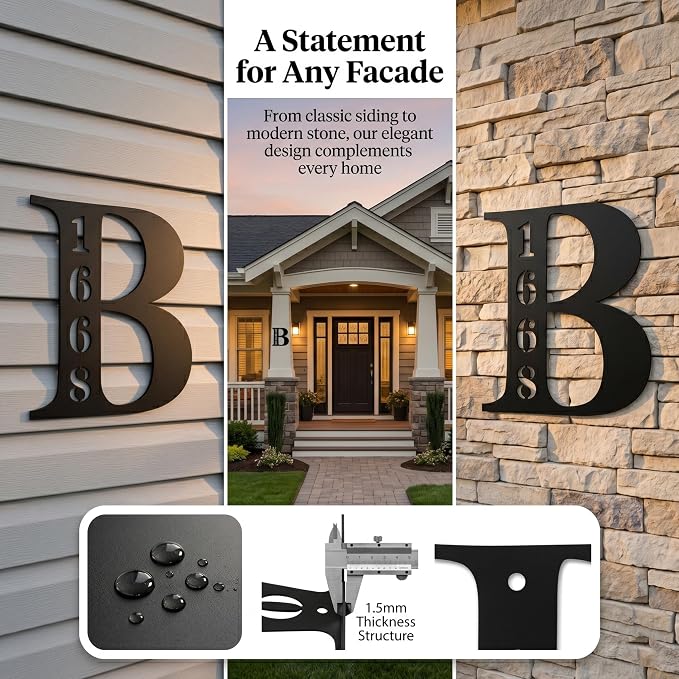 Personalized Metal Address Sign with Large Initial, Custom House Number Plaque and Family Last Name Sign for Outside, Outdoor Wall Mount Address Marker for Front Door Porch Yard