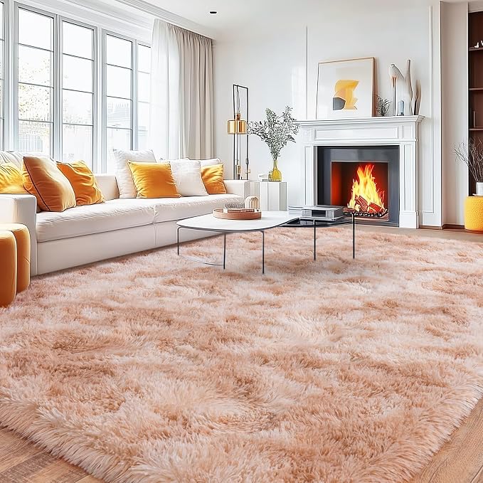 Large Area Rugs 9x12 Living Room, Ultra Fluffy Fuzzy Shag Rug for Bedroom, Modern Plush Soft High Pile Upgrade Non-Slip Carpet for Kids Girls and Boys Room Dorms Decor, Tie-Dyed Beige