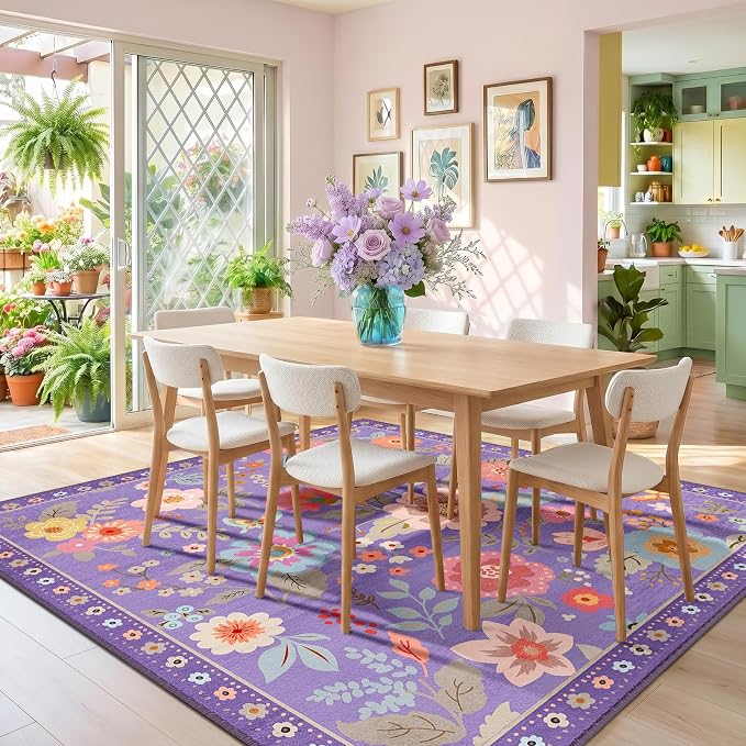 RELEANY Floral Washable Square 6ft Area Rug Purple/Pink | Flower Carpet, Print, Boho, Non-Slip, Easy to Clean, Soft, Low Pile for Living Room Bedroom Kitchen Office Entryway Hallway