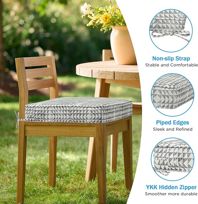 19 x 19 Inch Sunbrella Outdoor Chair Cushions with Tie Straps, Set of 4 Thick Water Repellent Square Patio Chair Pads for Garden Lawn Patio Furniture, Runa Classic