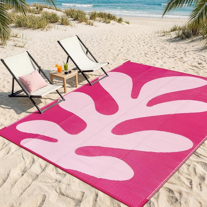Lahome Plastic Coastal Coral Rv Outdoor Rug, Waterproof 6x9 Outdoor Camping Rug, Lightweight Hot Pink Camper Mats for Outside Beach Pool Patio Deck, Pink 6'x9'