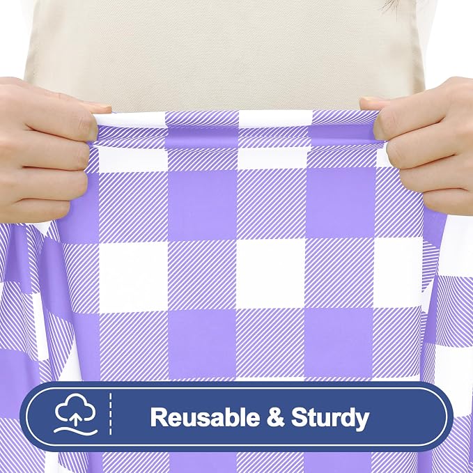 Smiry Picnic Table Cover with Bench Covers, Waterproof Elastic Fitted Tablecloths for 6 Foot Rectangle Tables, Washable Buffalo Plaid Tablecloth for Camping, Outdoor (Purple & White, 30"x72")