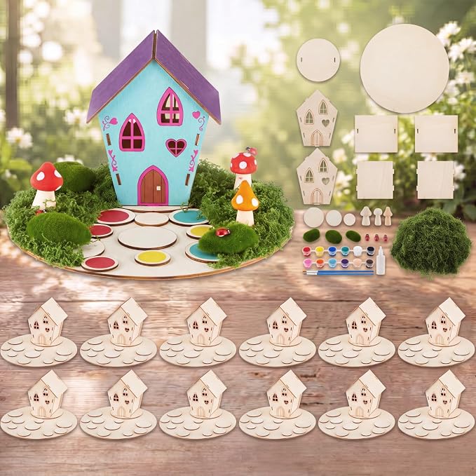 Kathfly 12 Sets Wooden Fairy House DIY Craft Kit for Kids with Paints & Decorations, Unpainted Miniature Garden Accessories for Home Event Party Decorations, Arts Birthday Party Favor (Fairy House)