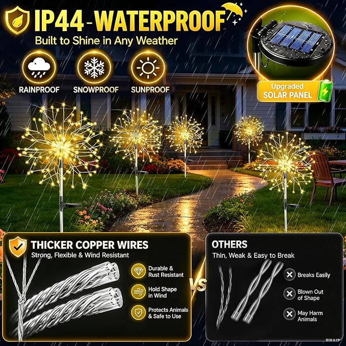 suddus Solar Garden Lights Outdoor Waterproof Decorative, 2Pack 150LED Firework Lights, Solar Fairy Lights for Yard, Garden, Party, Patio, Pathway, Flowerbed - Warm White