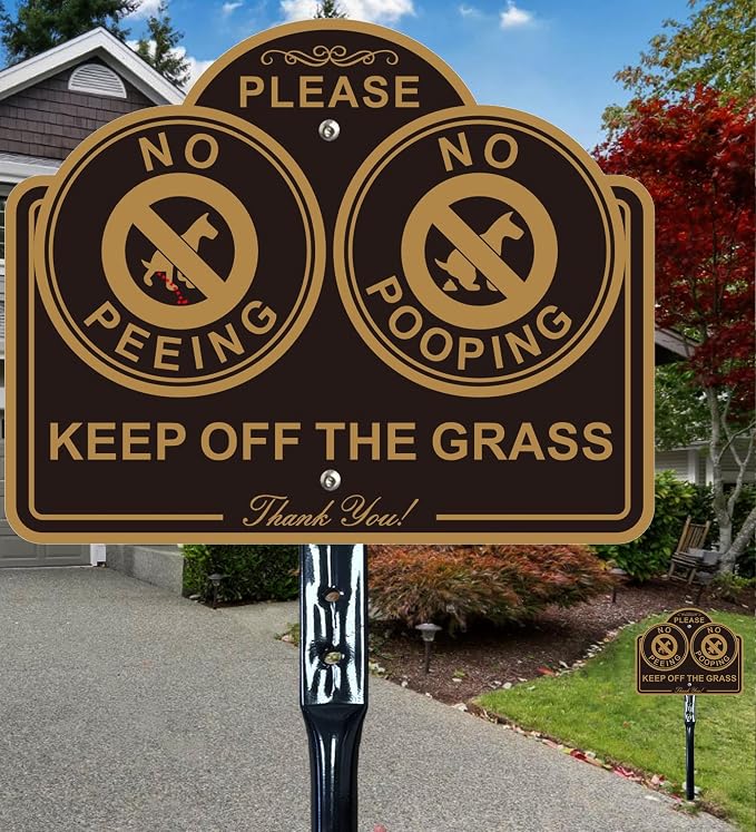 Amexiu No Dog Pooping Peeing Sign, Keep off Grass Yard Lawn Sign with 36-Inch Metal Stakes, 9.5 x 7.5 Inches Aluminum, 2Pack
