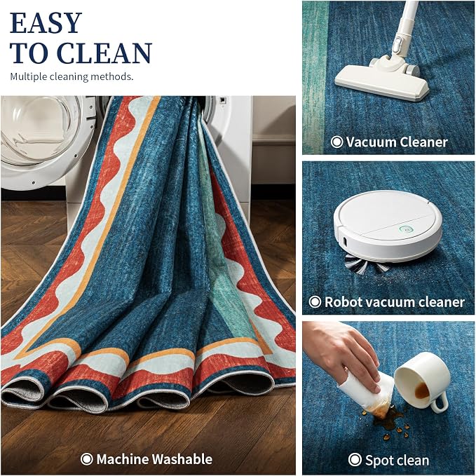 Mid-Century Washed Style Area Rug 5x7 Washable Carpet for Living Room, Non-Slip Low Pile Soft Rug for Bedroom, Kitchen, Entryway, Retro Teal