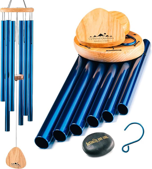 Blue Wind Chimes for Outside Deep Tone, 41 Inch Hand Tuned B Major Pentatonic Alto Wind Chime with Decorative Kindness Stone, Outdoor Garden Patio Porch Decor, Meaningful Sympathy Memorial Gift