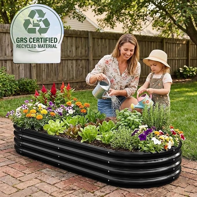 Rakukiri Raised Garden Bed GRS Certified Galvanized Planter Box Outdoor, 6.5ft Oval Rot-Resistant Metal Garden Bed Planter, Recycled Material Planter for Vegetables Flowers Herbs (Black)