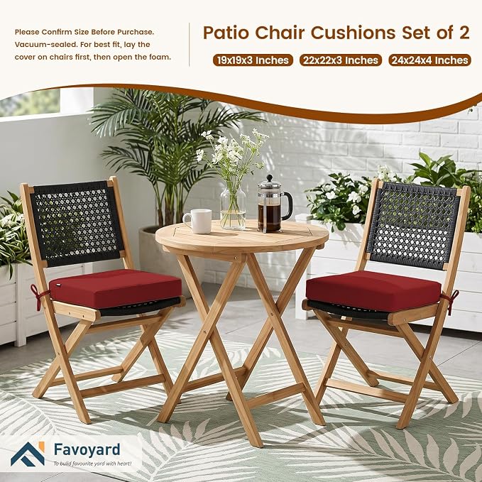 Favoyard Patio Chair Square Cushions Set of 2, Red, 22 x 22 x 3 inches | 5-Year Fade-resistant & Water-resistant Memory Foam Pad with Removable Cover & Ties for Outdoor Furniture Dining Chairs Seat